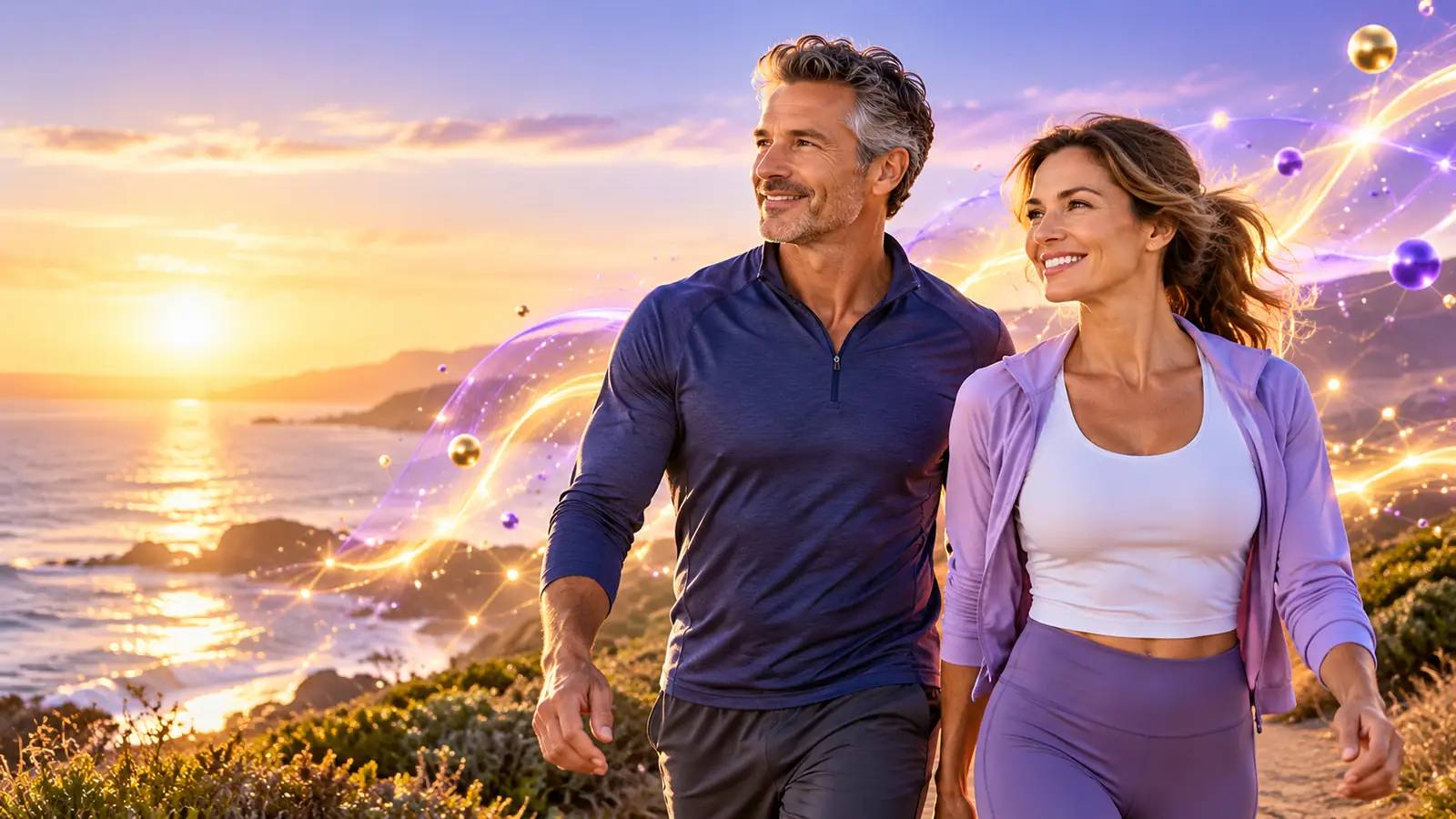 A man and a woman in their forties walking a coastal trail at sunset, with a soft violet helix of light around them